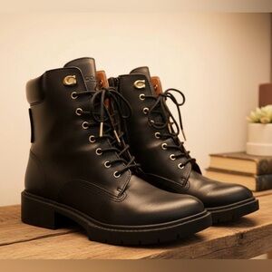 Coach Lorimer Black Leather Ankle Bootie Combat Lace Up Boots Size 7B